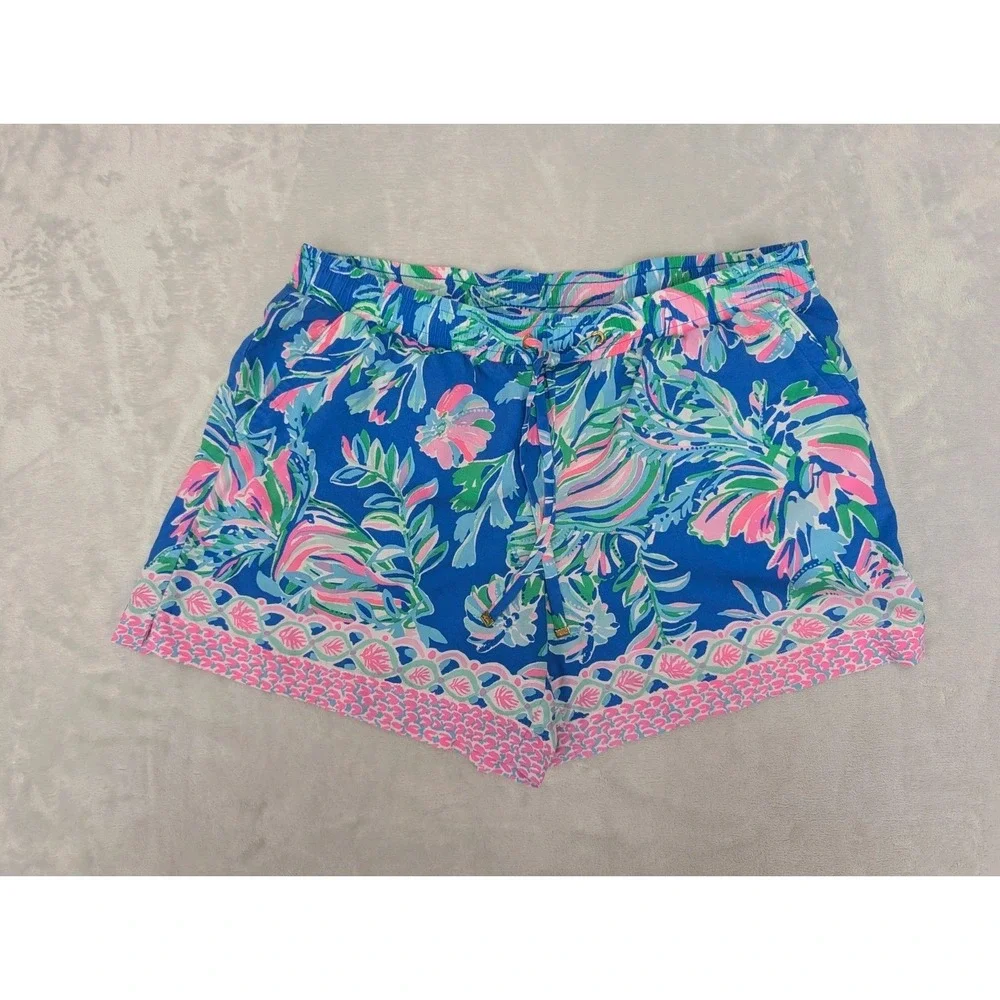 Lilly Pulizer Women's Large Shorts Blue Pink Coastal Flowy Classic Elastic Waist